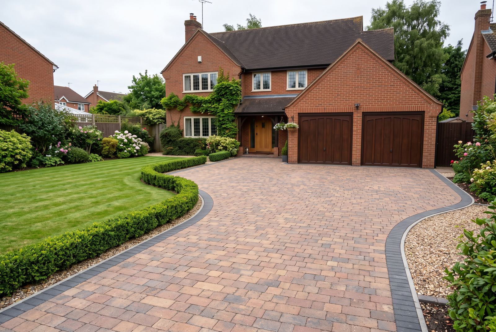 A brindle and buff block paving driveway curving to a garage