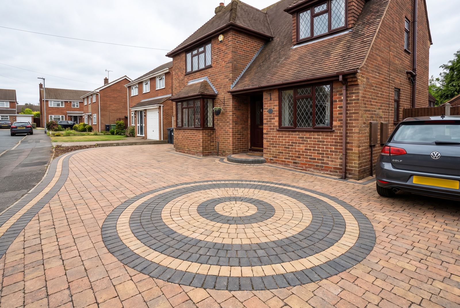 A block paving driveway with a decorative circular feature centrepiece