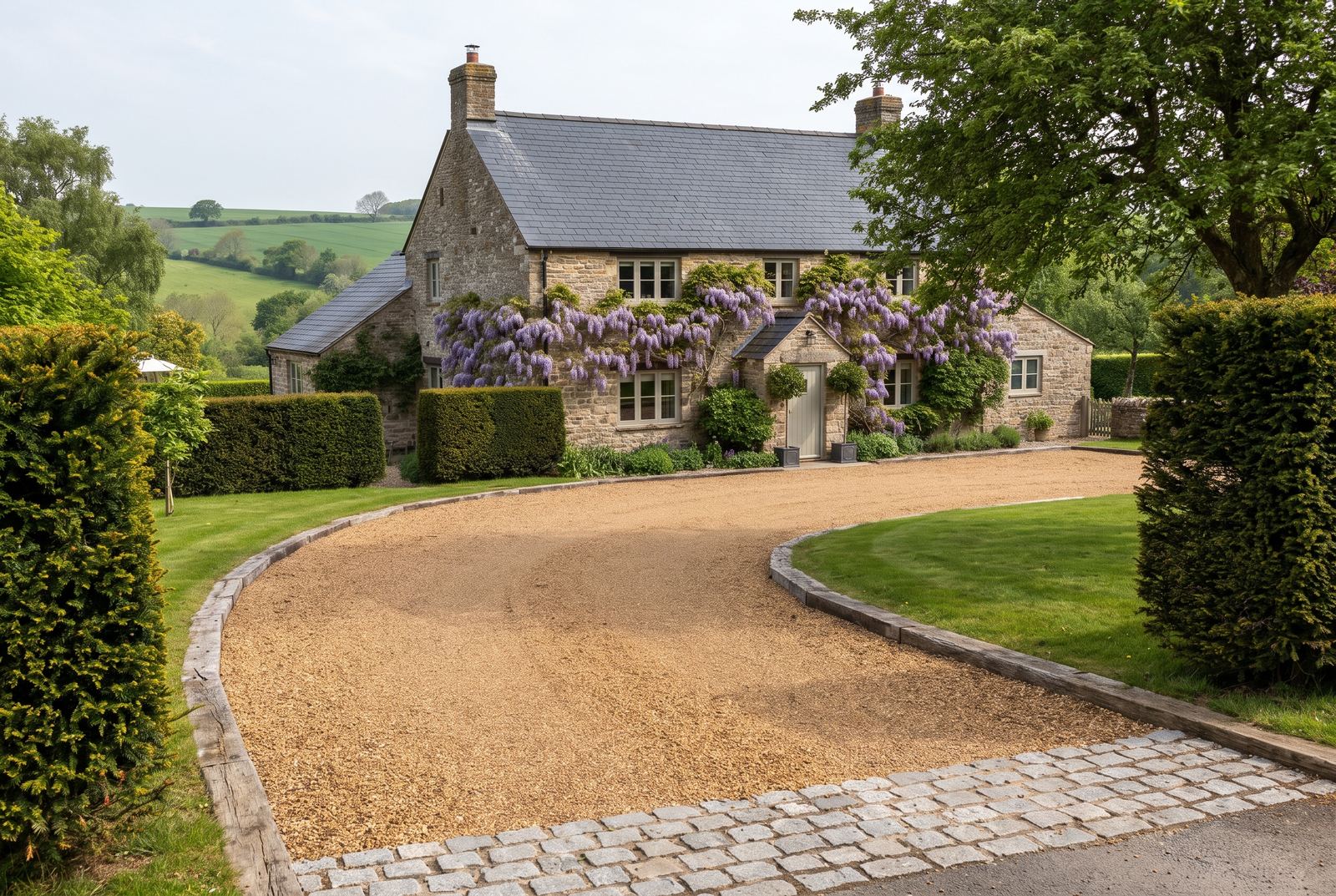 A self binding gravel driveway at a British stone farmhouse