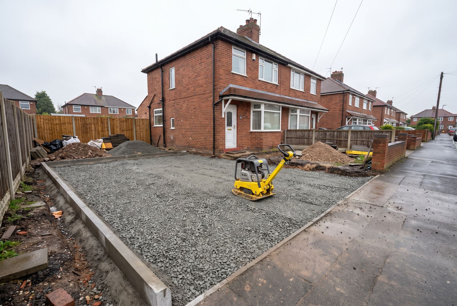 A driveway sub-base being laid and compacted before the surface goes down