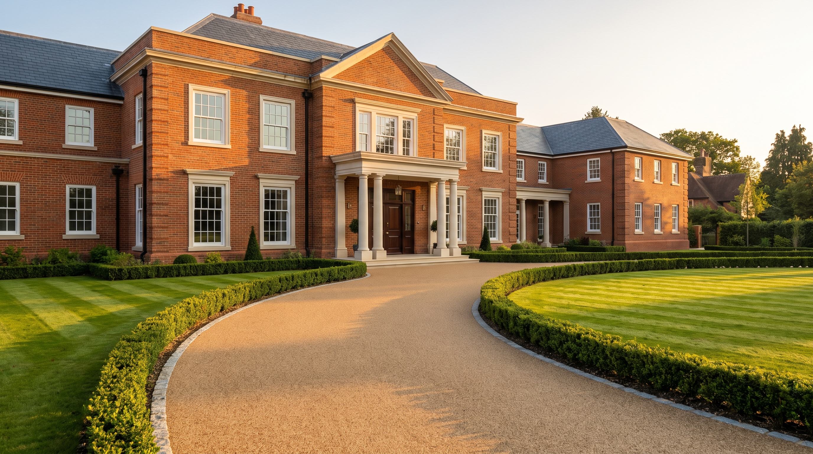 A sweeping resin bound driveway leading to a red brick English house