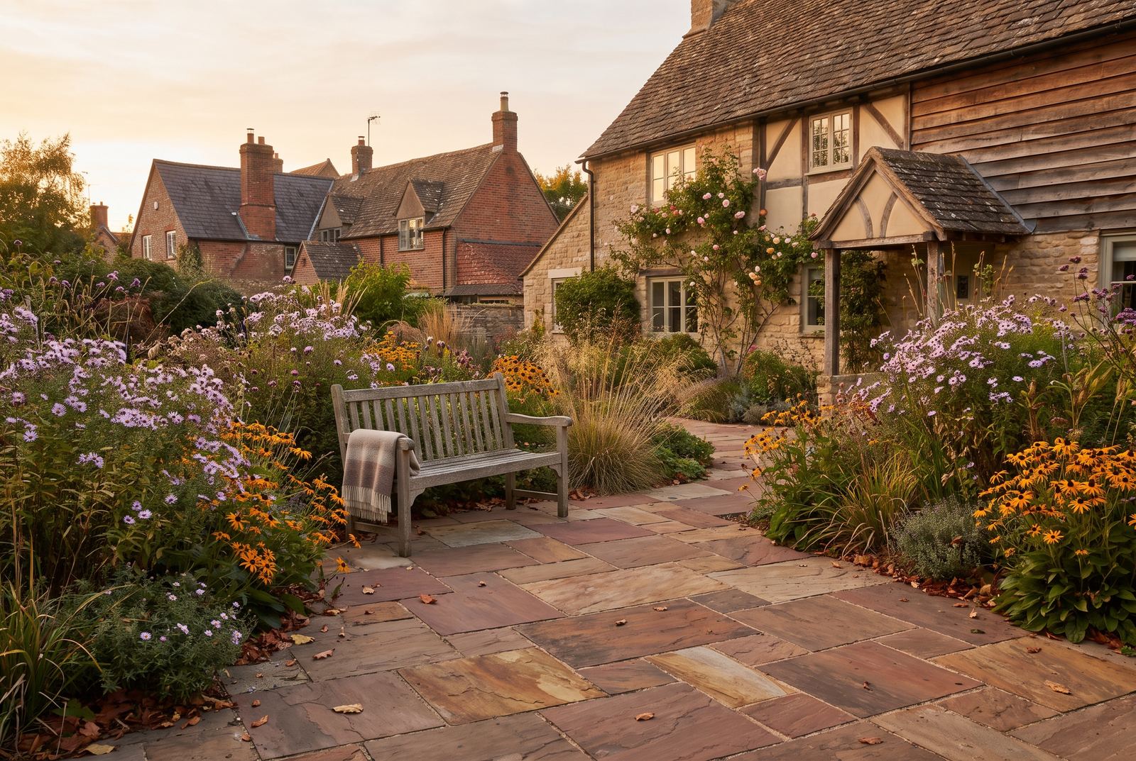 An Indian sandstone patio in an English cottage garden