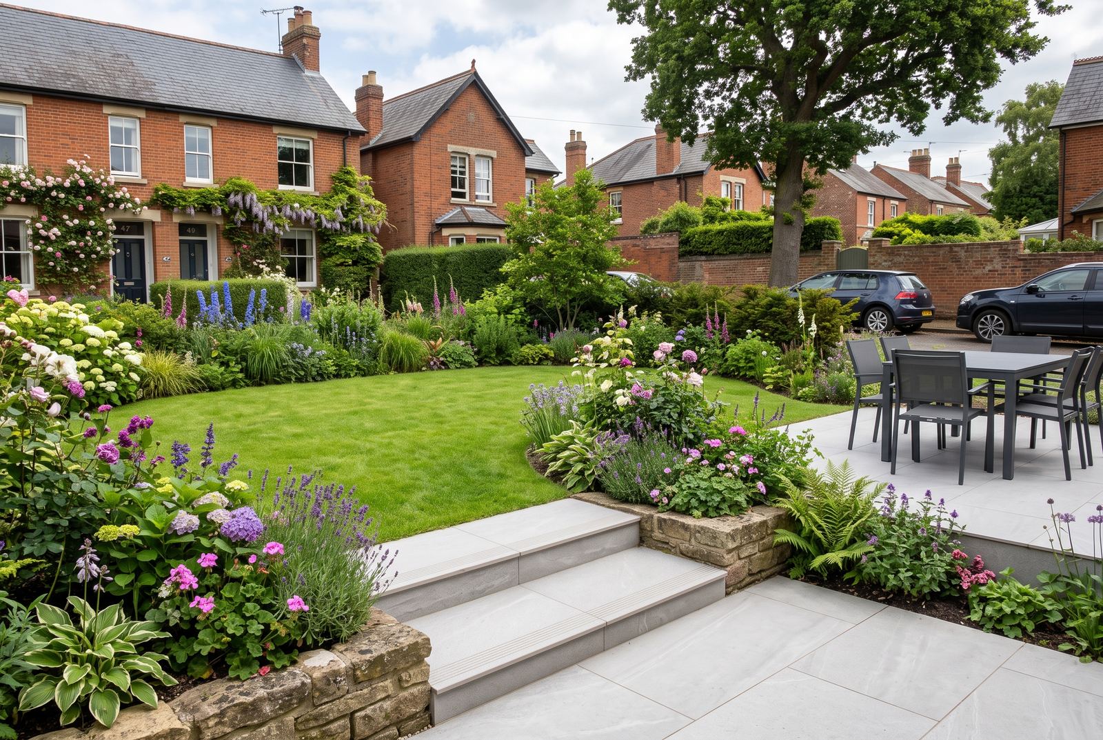 A porcelain patio with wide shallow steps down to a lawn