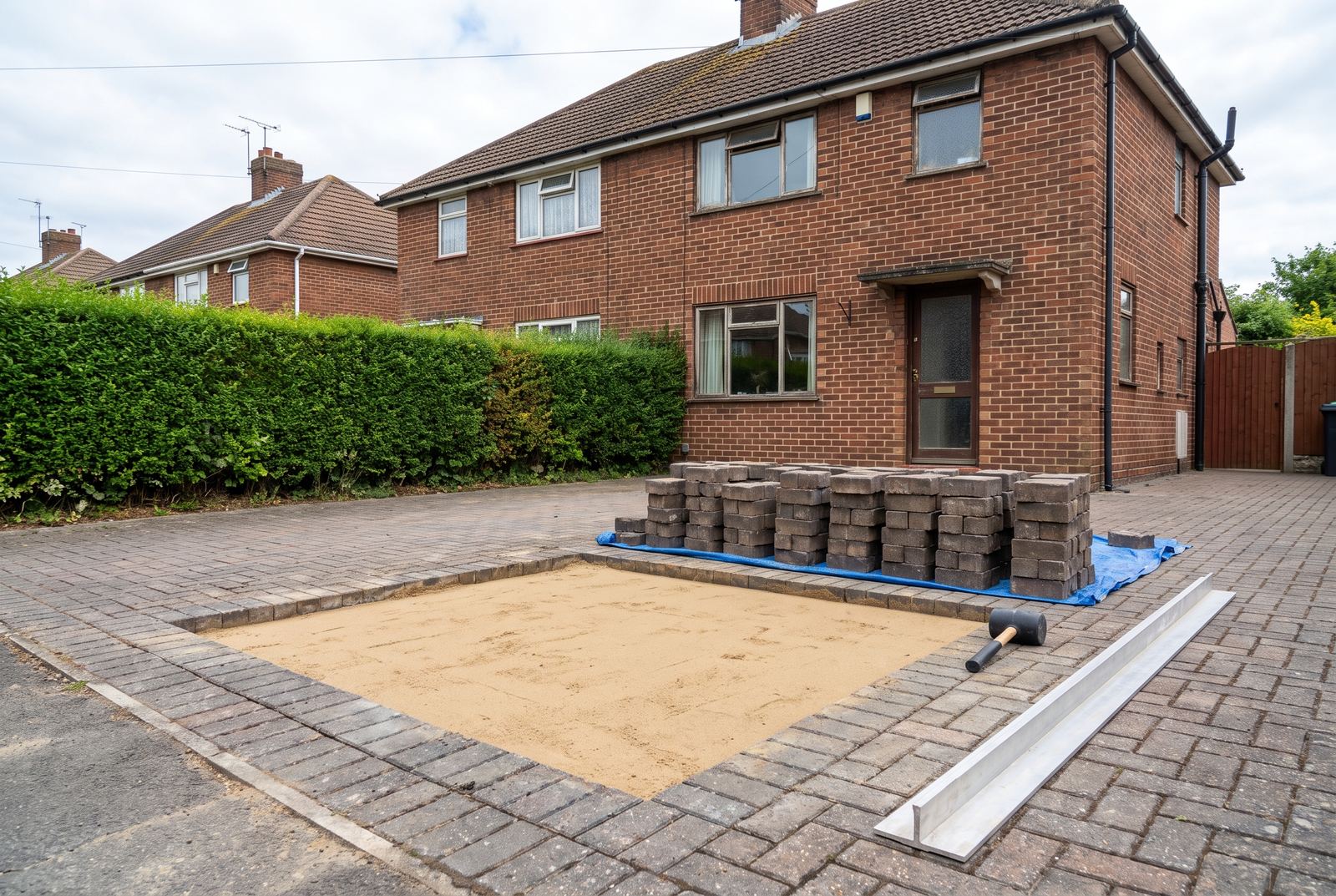 A sunken section of block paving lifted out and ready to be relaid
