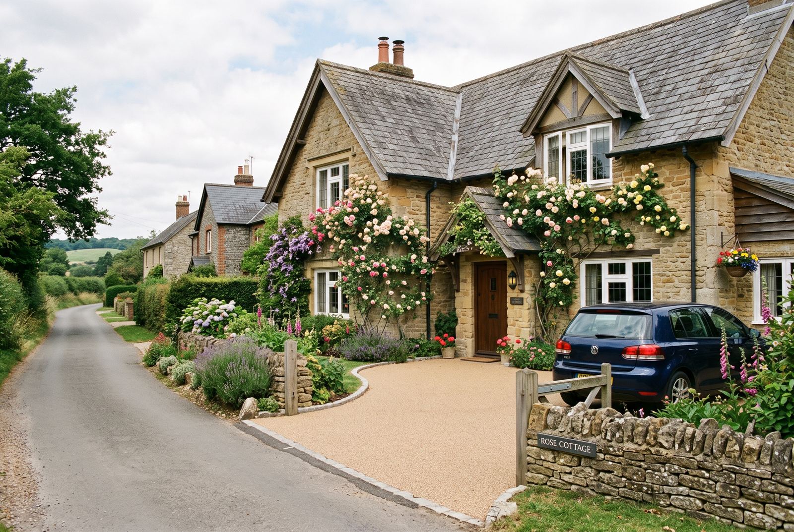 A buff resin bound driveway at an English country cottage