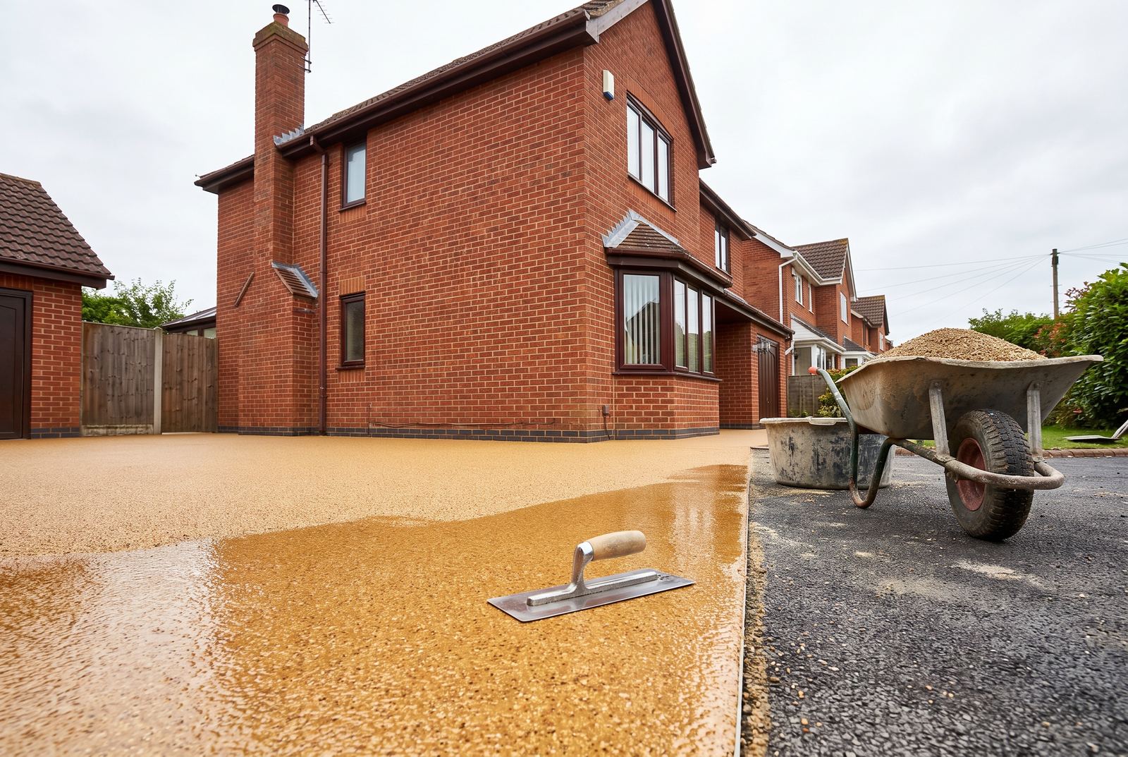 A resin bound driveway part way through being hand trowelled