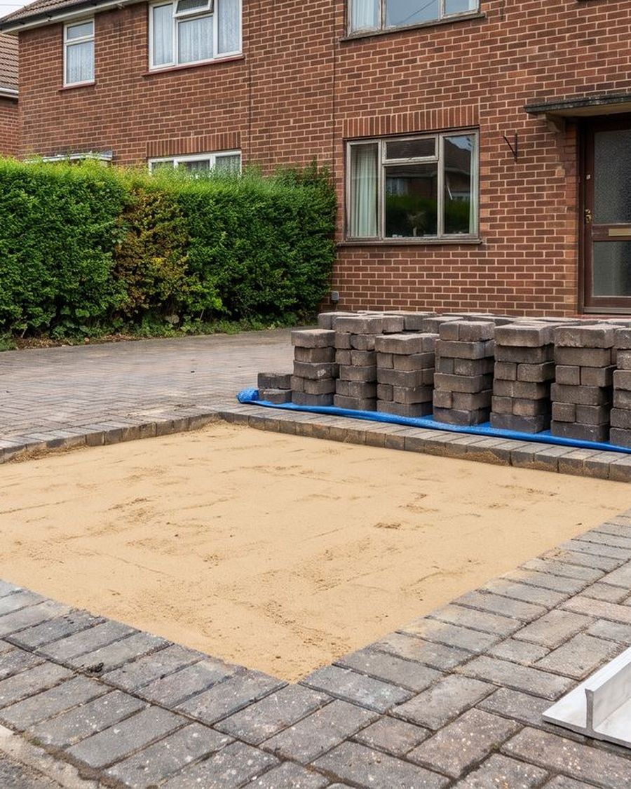 A sunken section of block paving lifted out and ready to be relaid