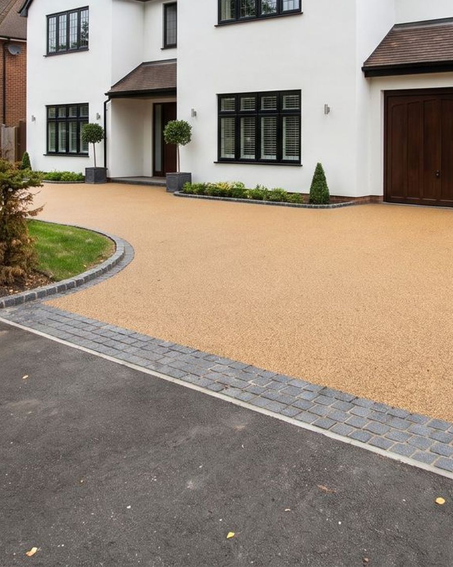 A broad resin bound parking area with a granite sett border