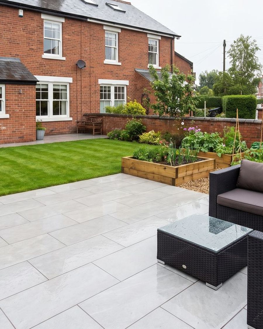 A large format grey porcelain patio in a British back garden