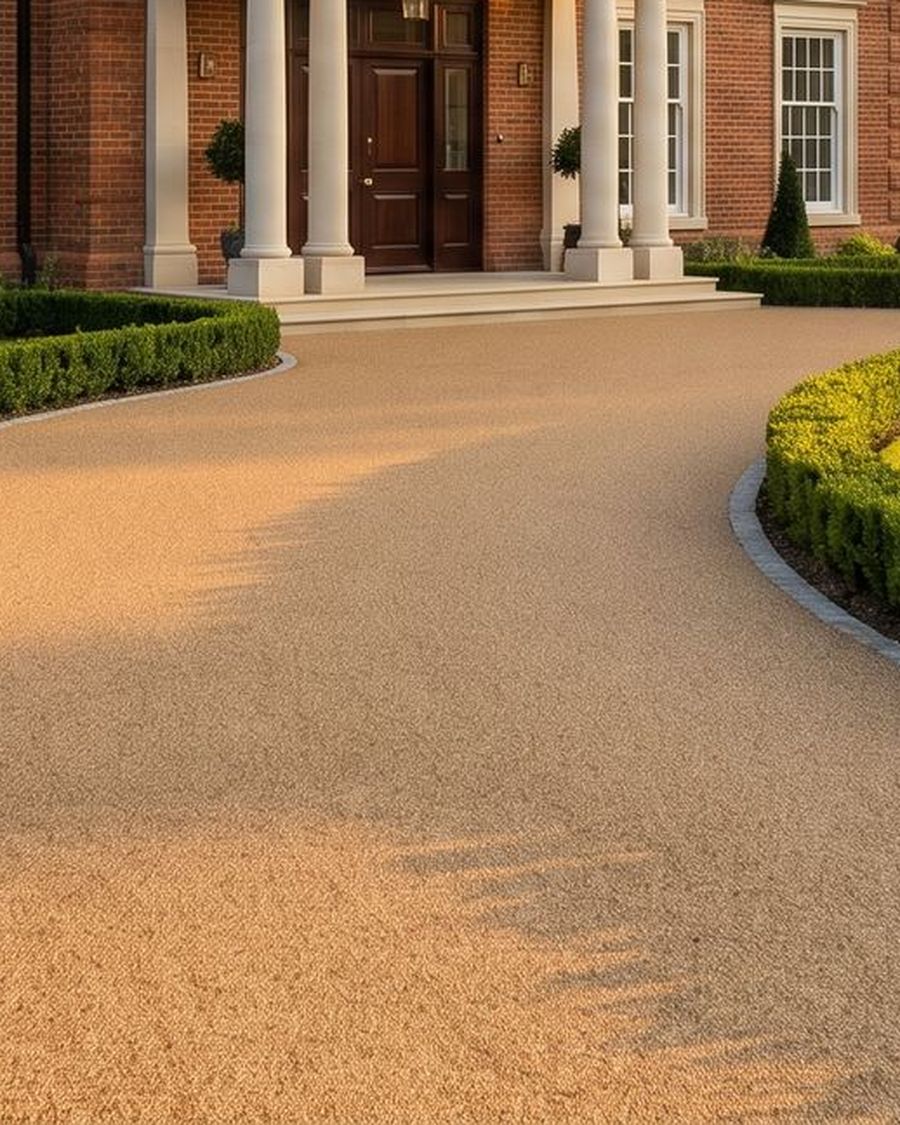 A buff resin bound driveway at an English country cottage